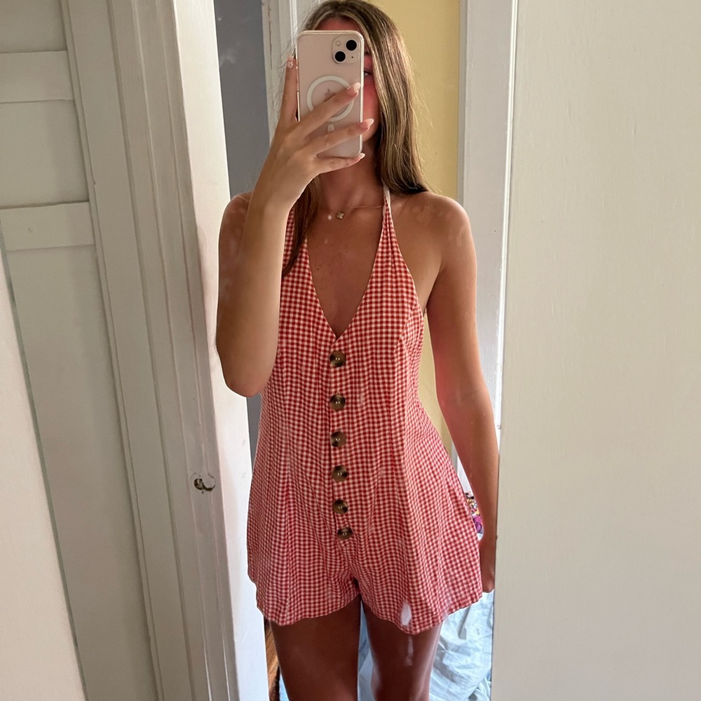 URBAN OUTFITTERS RED GINGHAM HALTER ROMPER
